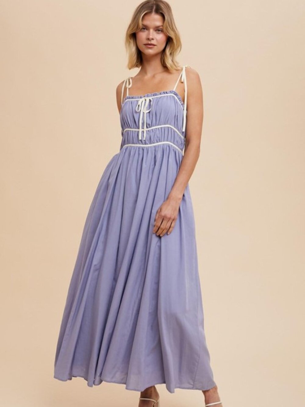 Cotton Blend Contrast Trim Maxi Dress